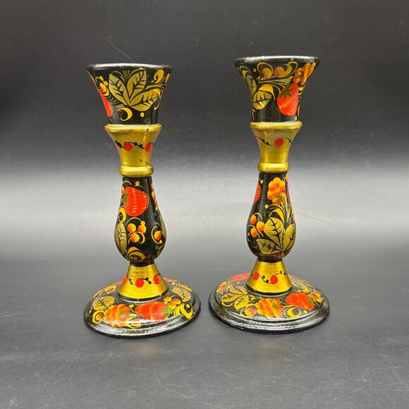 Vintage Khokhloma Candlesticks Hand Painted Russian Floral Fruit Folk Art Wooden - Picture 5 of 12